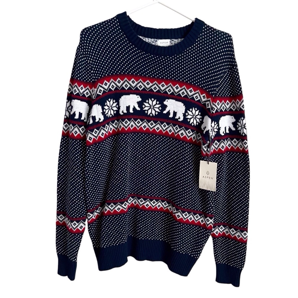 Aspen NEW Men’s Sweater Winter Classic Preppy Crew Neck Bear Snowflake Medium